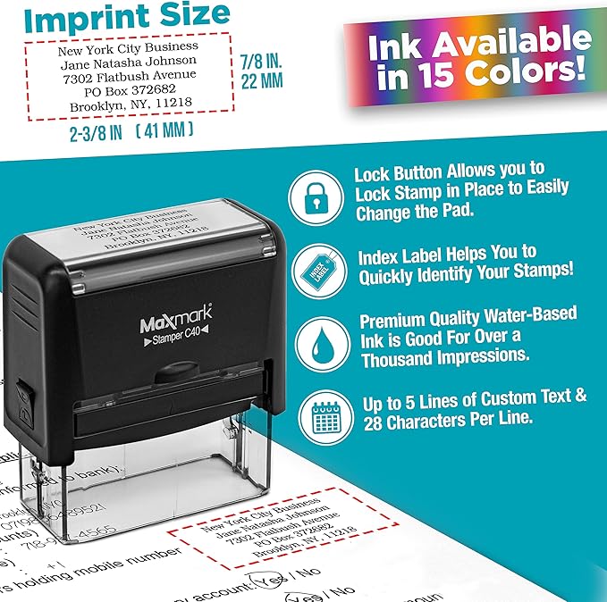 Custom Self Inking Rubber Stamp - Up to 5 Lines of Text - Choose from 15 Ink Colors - Large Size