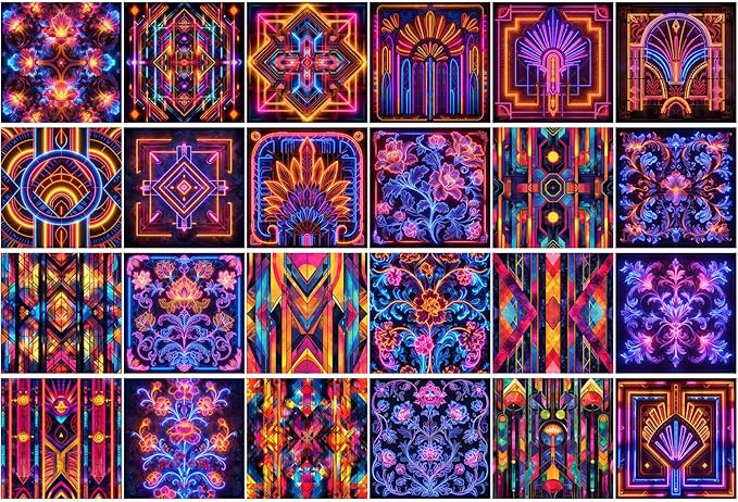 FLONZ Scrapbook Paper (24 sheets 6"x6") Neon Bloom Geometry ~ Vivid symmetrical compositions blending Art Deco elements with psychedelic digital glow effects and kaleidoscopic floral abstraction