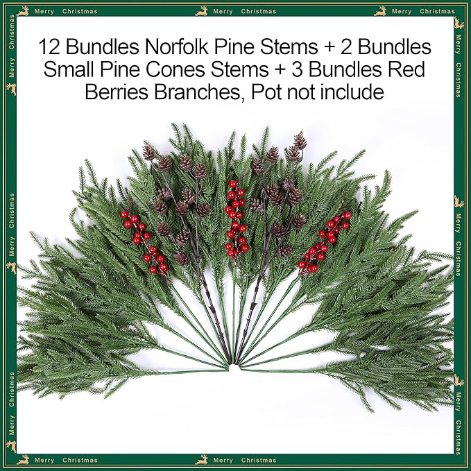 Artificial Christmas Norfolk Pine Stems Branches for Vases,17 Bundles Faux Pine Branches with Pinecones and Red Berries Branches,Fake Greenery Evergreen Real Touch for Holiday Winter Table Xmas Décor