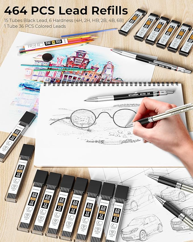 30PCS Mechanical Pencil Set with Canvas Bag, Drawing Pencils 0.5, 0.7, 0.9MM & 3PCS 2MM Sketching Pencil with 464PCS Leads (6B 4B 2B HB 2H 4H Color) for Artist Drafting Drawing Writing