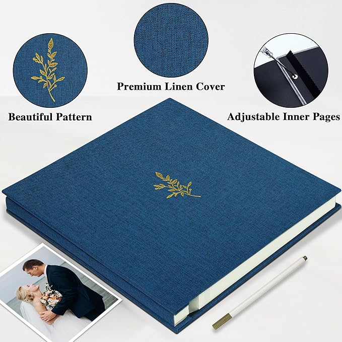 Self Adhesive Photo Album, Navy Blue Scrapbook Album with DIY 60 Blank Pages, Wedding Photo Album with A Metallic Pen for 4x6 5x7 2x3 Pictures, 10.6"x11"