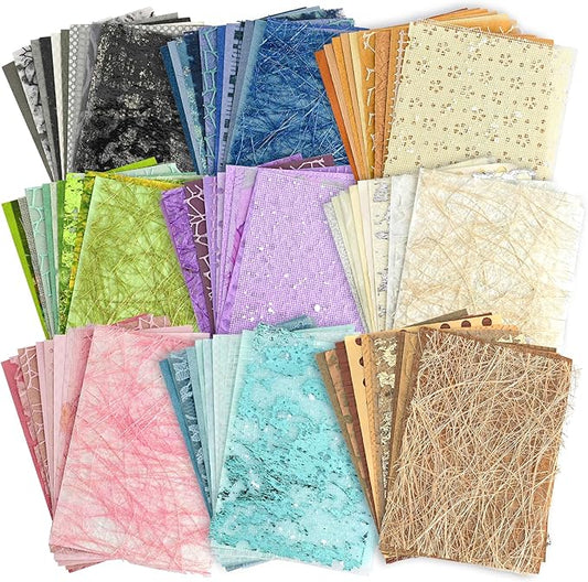 108 Sheets Unique Textured Scrapbook Paper and Mesh Fabric Set - 9 Pack No Repeat Special Paper Assorted Mixed for Scrapbooking Planner Junk Journal Supplies Media Collage Card 3.9x5.5 Inch