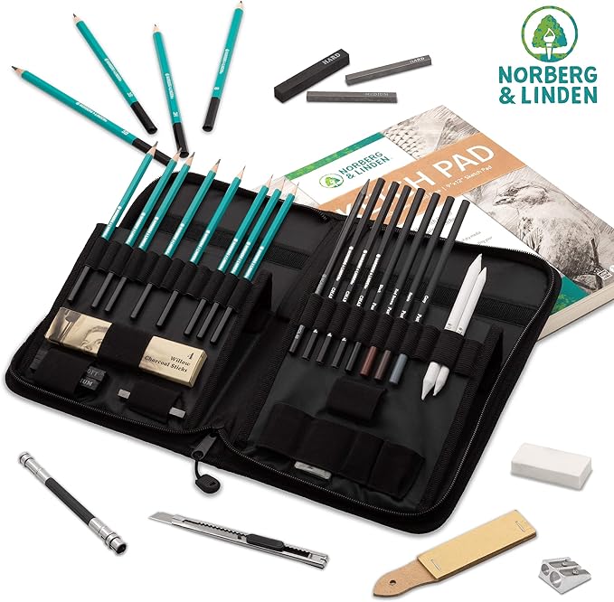 Norberg & Linden XXL Drawing Set - Sketching and Charcoal Pencils. 100 Page Drawing Pad, Kneaded Eraser, and Graphite. Art Set for Kids, Teens and Adults