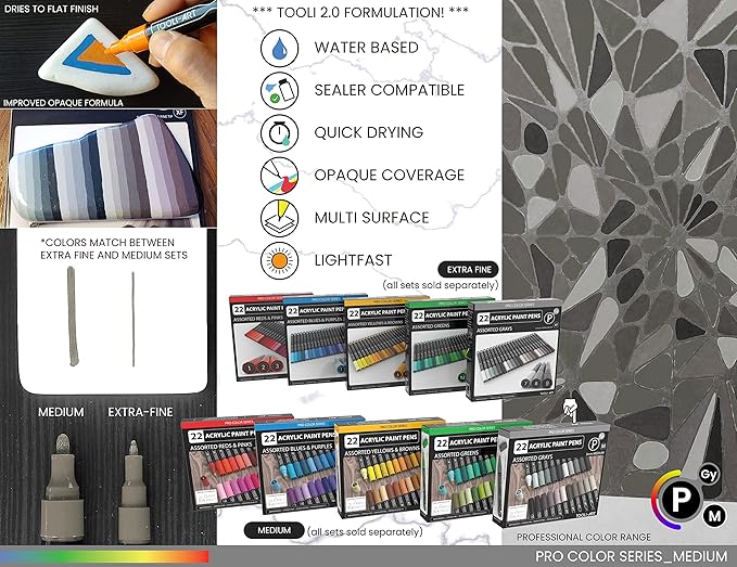 TOOLI-ART 22 Acrylic Paint Markers Paint Pens Pro Color Series Set 3mm Medium Tip for Rock Painting, Glass, Mugs, Wood, Metal, Glass Paint, Canvas, DIY. Non Toxic, Waterbased, Quick Drying (GRAYS)