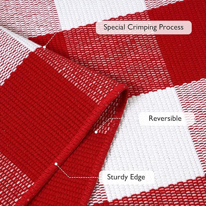 Outdoor Christmas Mats for Front Door, Cotton Washable Buffalo Plaid Rug Reversible Layered Door Mat,Farmhouse Checkered Outside Rugs for Porch Home Decor(Red & White)