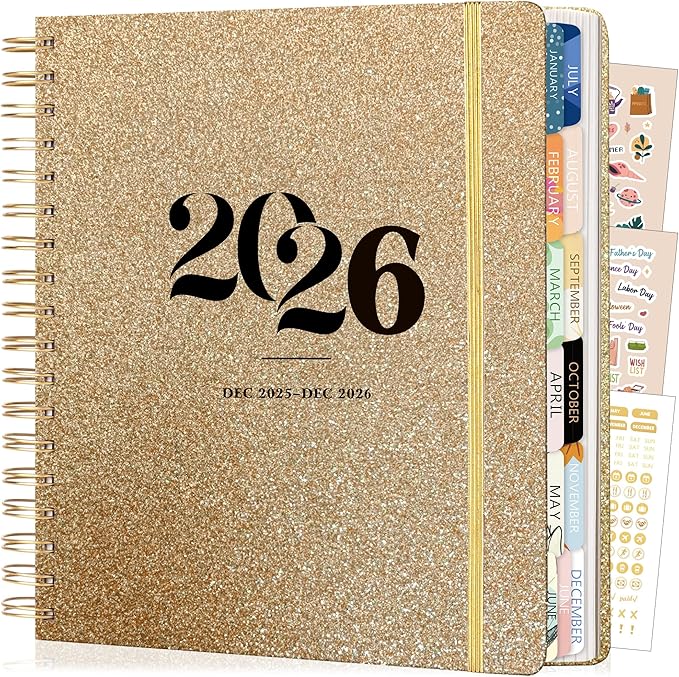 Yoment 2026 Planner Weekly and Monthly, 13 Month Hardcover Planner Dec 2025 - Dec 2026, 8.5" x 10.3" Large Spiral Bound Academic Planners for Women, Men, Daily Agenda with 3 Sticker Sheets (Glod)
