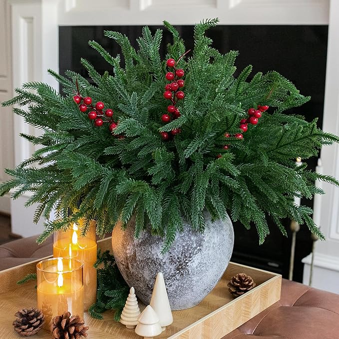 Artificial Faux Christmas Norfolk Pine Stems Branches for Vases,12 Bundles Fake Evergreen Real Touch Greenery Stem with 3 PCS Red Berry Branches for Xmas Holiday Winter Table Indoor Decor
