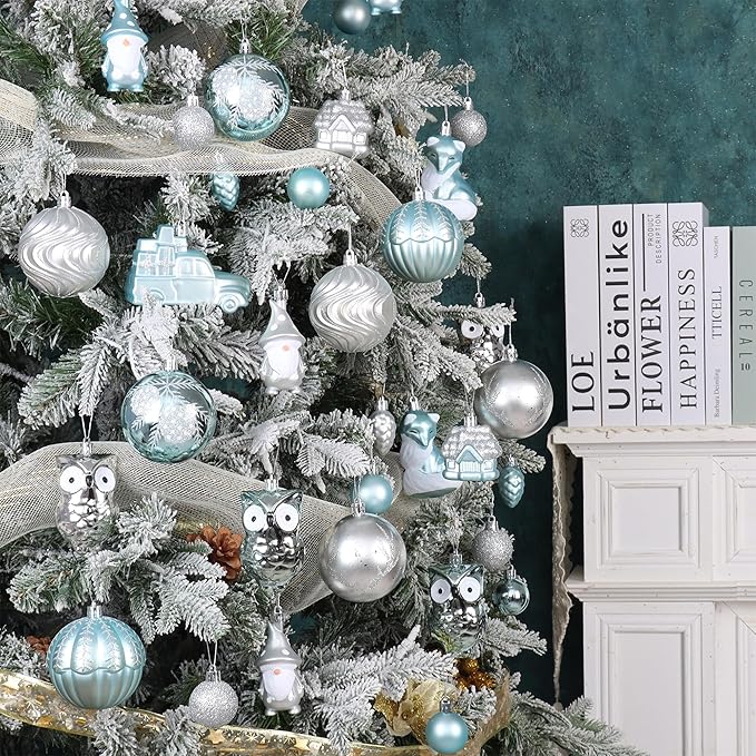 Blue and Silver Christmas Ornaments Set, 75PCS Shatterproof Christmas Decorations, Assorted Xmas Tree Hanging Ornaments for Christmas Tree, Holiday, Party Decor (Blue & Silver)