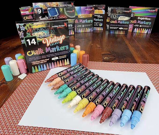 ArtShip Design 14 Vintage Colors Chalk Markers - Reversible Medium Tip Liquid Chalk Pens Wet Erasable - Menu Boards, Glass, Windows, Whiteboards, Classrooms, Mirrors, Chalkboards, Plastic, Metal