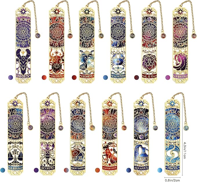 12 PCS Zodiac Theme Metal Bookmark for Women, Gold Hollow Astrology Bookmarks Set Funny Book Mark for Girls, Teenage, Student, Readers, Men, Horoscope Themed Gifts for Book Lovers, Birthday Present