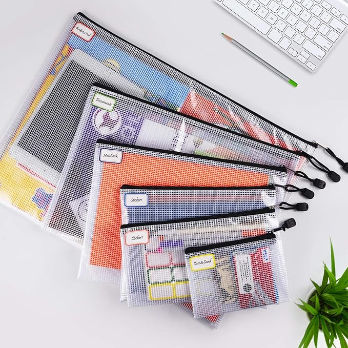 12 Pcs Plastic Mesh Zip File Bags, Waterproof Tear-Resistant Document File Folders, MultiSize Zipper Documents Pouch Organizer Bags for School Office Home Travel Storage(6 Sizes)