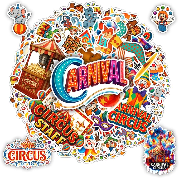 100 PCS Carnival Circus Stickers Pack, Vinyl Waterproof Decals of Clowns Popcorn Ferris Wheel Elephants, Fun Gift for Kids Teens Boys Girls Birthday Laptop Bottle Scrapbook