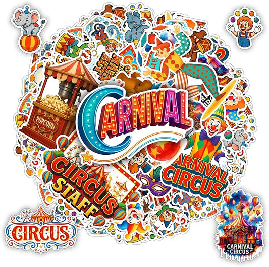 100 PCS Carnival Circus Stickers Pack, Vinyl Waterproof Decals of Clowns Popcorn Ferris Wheel Elephants, Fun Gift for Kids Teens Boys Girls Birthday Laptop Bottle Scrapbook