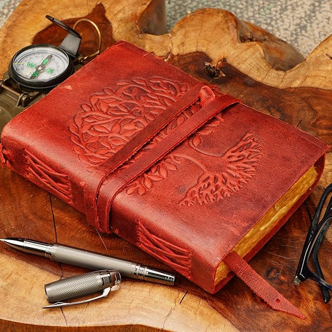 LUXEORIA Tree Of Life Leather Journal for Women and Men, Handcrafted Leather Journal for Writing Womens, Sketchbook, Travel Diary with Unlined Deckle Paper, Wine Red 5x7