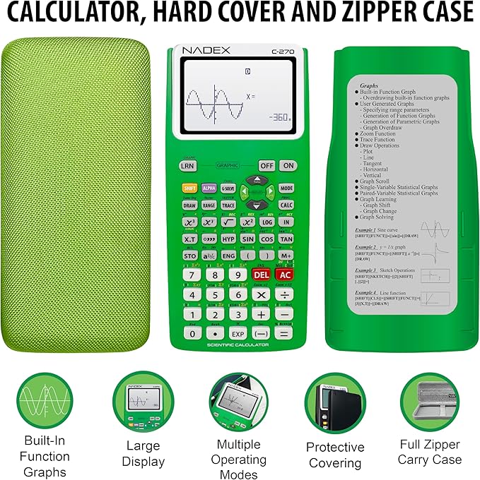 Scientific Calculator with Graphing, Includes Carrying Case, for College and High School Students, Calculus, Algebra, Geometry, Trigonometry, Statistics, Physics, Chemistry, Green