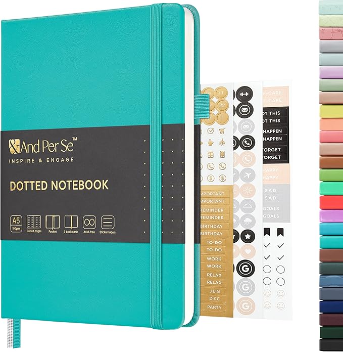 &And Per Se Dotted Journal Notebook, A5 Hardcover Leather Bullet Dotted Journal, 160 Pages 100 gsm Thick Paper, 3 Sheets of Stickers Included- 5.7'' x 8'' (Turquoise)