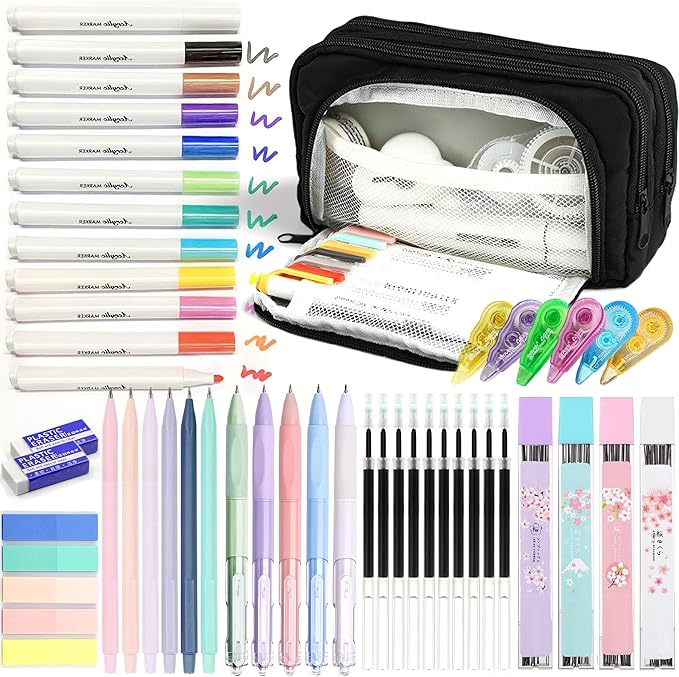 42 PCS Aesthetic School Supplies with Large Pencil Case, 12 Marker Pens with box, 5 Black Ink Gel Pens, 6 Mechanical Pencils Set, Sticky Notes, Complete Essentials Stationery Kit for Students