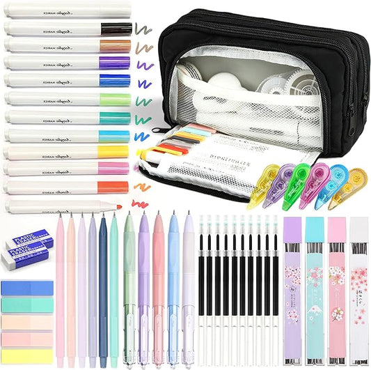 42 PCS Aesthetic School Supplies with Large Pencil Case, 12 Marker Pens with box, 5 Black Ink Gel Pens, 6 Mechanical Pencils Set, Sticky Notes, Complete Essentials Stationery Kit for Students