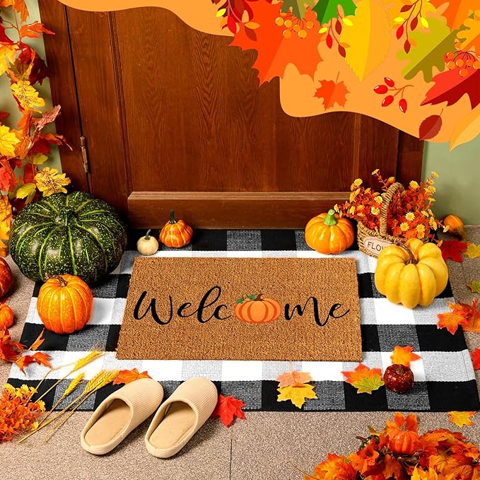 2 Pcs Thanksgiving Coir Doormat Outdoor Thanksgiving Pumpkin Welcome Outdoor Rugs for Layered Buffalo Black White Plaid Mats for Autumn Fall Front Door Porch Entryway Decor