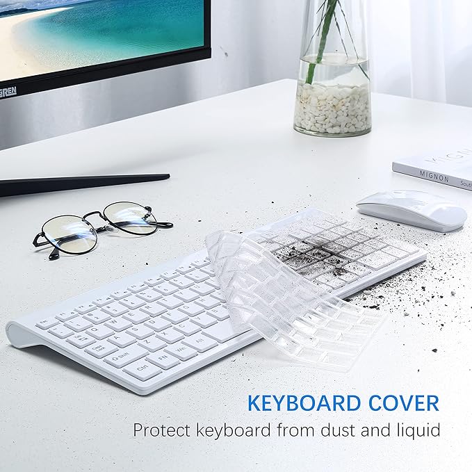 Wireless Keyboard and Mouse Ultra Slim Combo, TopMate 2.4G Silent Compact USB 2400DPI Mouse and Scissor Switch Keyboard Set with Cover, 2 AA and 2 AAA Batteries, for PC/Laptop/Windows/Mac - White