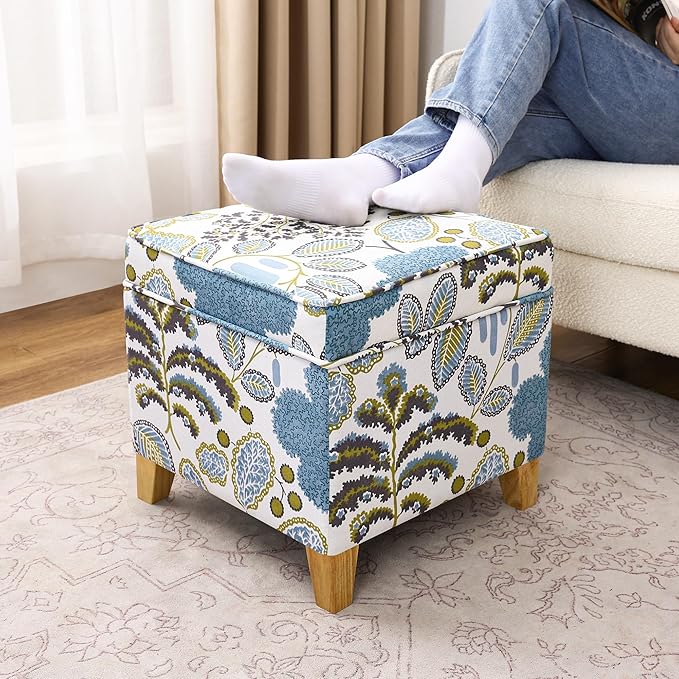 Adeco 18 Inch High Cube Ottoman Storage, Linen Chair Foot Stools, Upholstered Vanity Stool with Hinged Lid, Solid Wood Legs (Blue Leaves)
