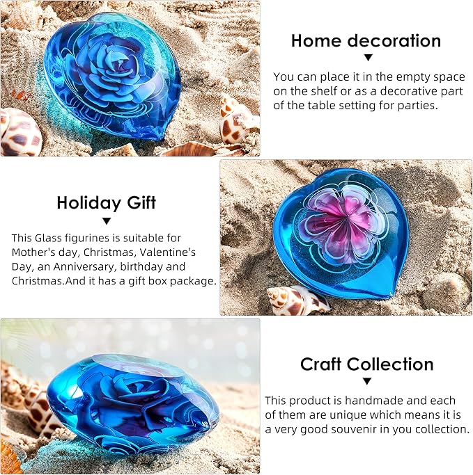 Hand Blown Glass Heart Flower Paperweight for Office Desk,Home Decor Collectible.