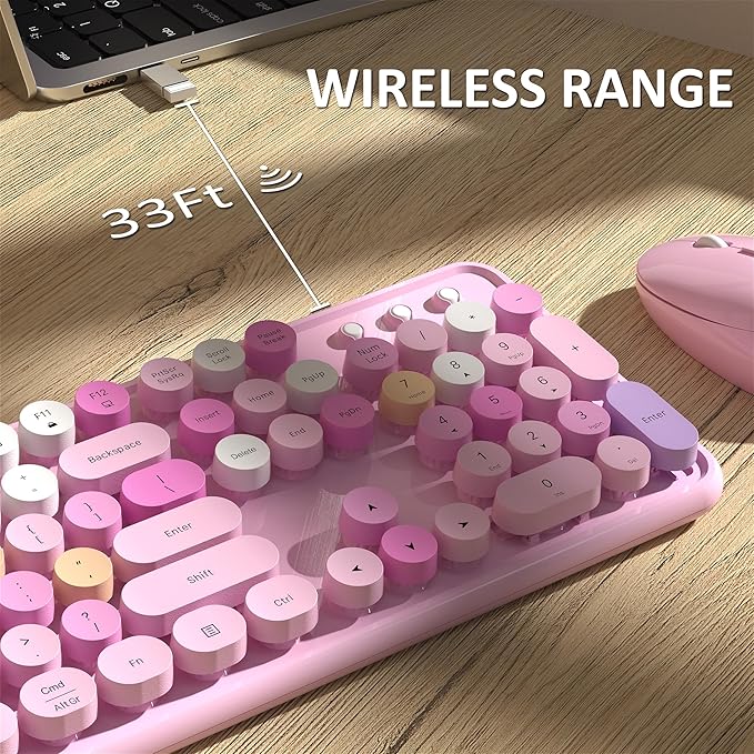 Wireless Keyboard and Mouse, Full-Size Retro Typewriter Keyboard with Round Keycaps, 2.4GHz for Windows, Mac, Laptop, PC, Desktop (Pink Colorful)