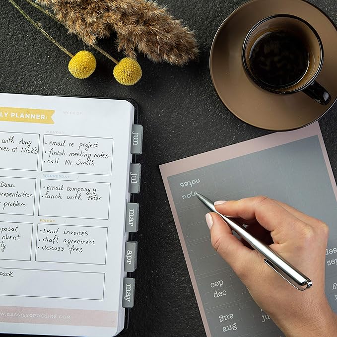 DiverseBee Laminated Planner, 24 Peel and Stick Tabs (12 Month, 12 Blank), Retro Monthly Dividers