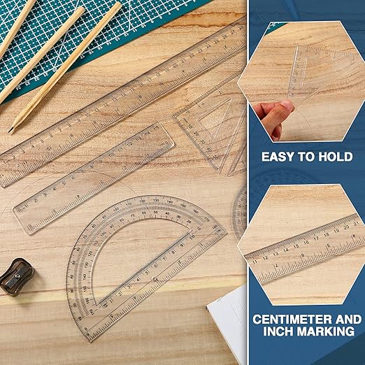 Tenare 18 Pcs Plastic Clear Math Set Includes Protractor Triangle Rulers 12 Inch 6 Inch Straight Geometry Math Transparent Ruler Measuring Tool for School Office Home Supplies