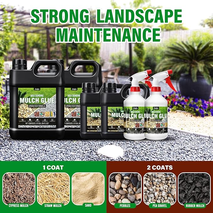 Mulch Glue - 64oz Concentrate Gravel Glue Strong Landscape Adhesive with Applicator for Landscaping, Garden - Safe Ready to Use Mulch Lock Gravel Stabilizer Glue for Pea Gravel, Rock, Leaf, Bark