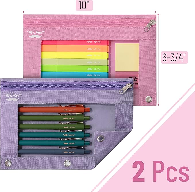 Mr. Pen- Pencil Pouch for 3 Ring Binder, 2 Pack, Lavender and Pink, 3 Ring Binder Pencil Pouch