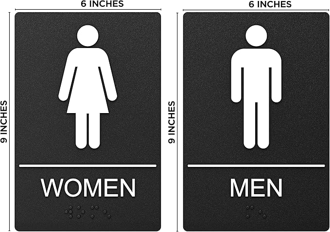 Bathroom Signs, Restroom Sign For Business - For Men and Women - 9" by 6" - ADA Compliant with Braille - Strong Double-Sided Adhesives Included - Apply to Office, Home, Public Door/Wall