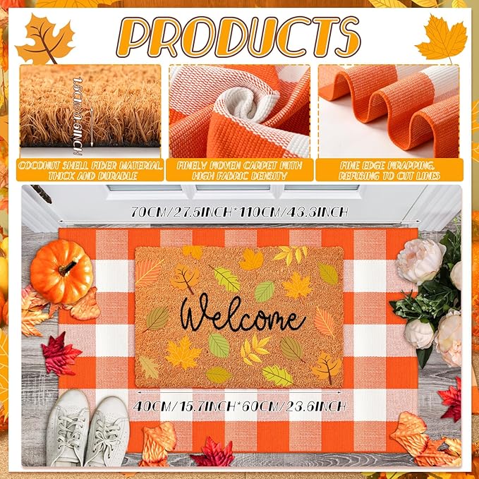 2 Pcs Thanksgiving Coir Doormat Outdoor Thanksgiving Maple Leave Welcome Outdoor Rugs for Layered Buffalo Orange White Plaid Mats for Autumn Fall Front Door Porch Entryway Decor