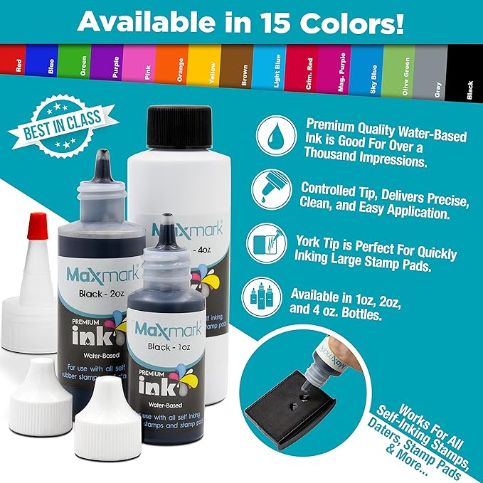 MaxMark Premium Refill Ink for self Inking Stamps and Stamp Pads, Light Blue Color - 4 oz.