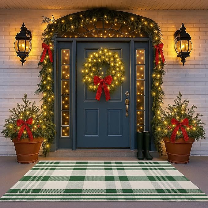 Christmas Green & White Check Rug - 4' x 6' Outdoor Front Door Decor Mat Cotton Washable Hand-Woven Rug Christmas New Year Holiday Porch Entryway Layered Doormat