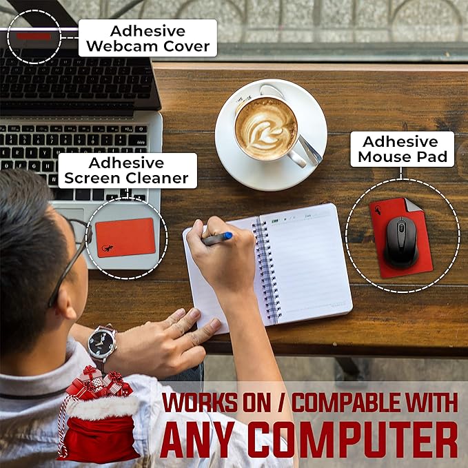 Mouse Pad Adhesive Bottom - Sticks to Any Surface - Portable - Webcam Covers and Screen Cleaner Included (Red)