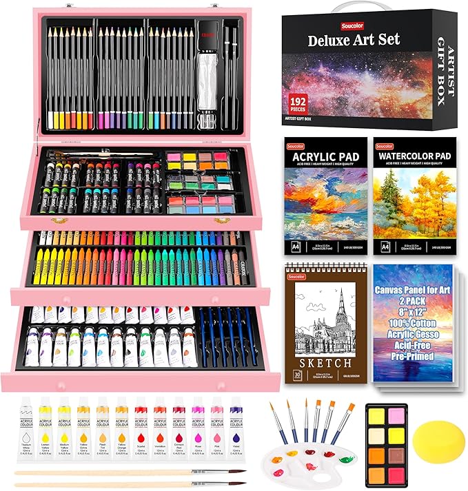 Christmas Gifts Birthday Gifts, Art Kits Art Sets, Aesthetic Cute Preppy Stuff Art Supplies, Soucolor 192-Pack Deluxe Drawing Stuff with Acrylic Pad, Watercolor Book and Sketch Book, Canvases, Brushes