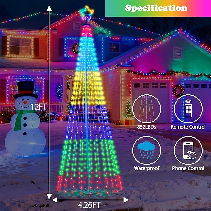 12FT Lighted Outdoor Christmas Tree, 832 LED Smart Cone Tree, Music Sync RGB Fairy Lights, LED Light Show, APP and Remote Control, Timer Function, Perfect for Outdoor Christmas Decorations