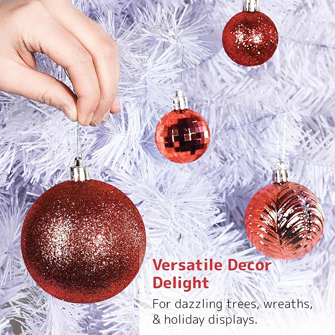 Prextex 36-Pieces Red Christmas Ornaments Set - Shatterproof, Festive Christmas Balls Decorations in 3 Sizes and 6 Styles with Hanging Loops for Tree, Wreath, and Dazzling Holiday Party Decor