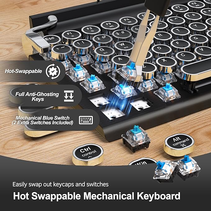 Retro Typewriter Mechanical Keyboard, Wireless Bluetooth 5.0 LED Backlit Office Computer Keyboards with 83-Key Clicky Blue Switches, Vintage Design for PC/Laptop/Mac/Pad/Phone/Gaming, Black