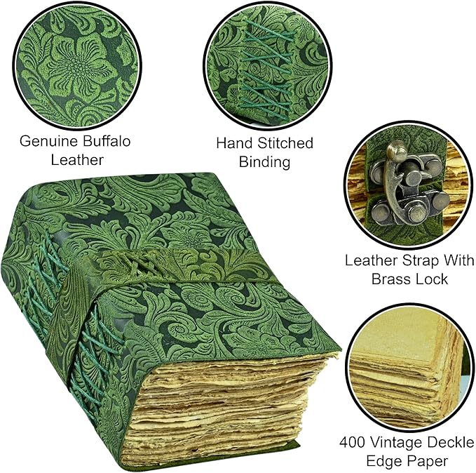 400 Page Leather Journal - Antique Handmade Deckle Edge Vintage Paper Leather Bound Journal - Book of Shadows Journal - Leather Sketchbook - Drawing Journal - Great Gift 7X5 Lock Green
