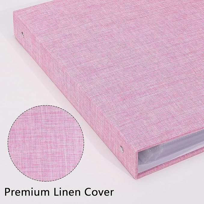 Vienrose 12x12 Inch Large 3 Ring Binder Scrapbook Photo Album, Linen Cover DIY Scrapbooks with 50 Sheets Plastic Sleeves 100 Pages Blank White Inner Pages for Wedding Birthday Baby Travel Pink