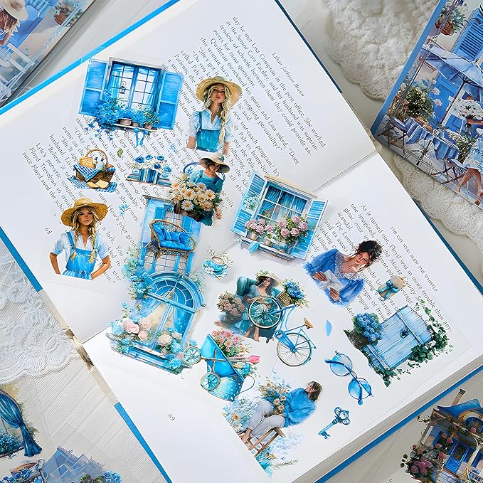 Snycler Blue Garden Series Sticker Book - 20 Sheets Vintage PET Stickers for Scrapbooking, Junk Journaling, Ephemera, and Decorative Crafts - Pre-Cut Urban Design Stickers