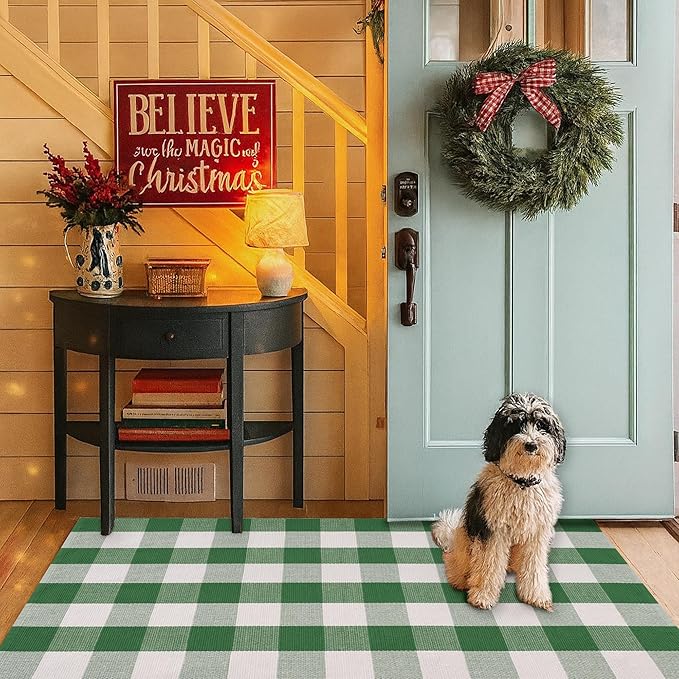 Christmas Green & White Plaid Rug - 4' x 6' Outdoor Front Door Decor Mat Cotton Washable Hand-Woven Rug Christmas New Year Holiday Porch Entryway Layered Doormat