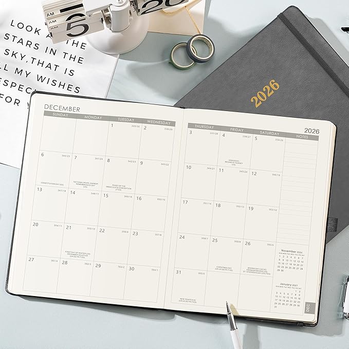2026 Planner - Weekly and Monthly Planner 2026, 8.5"x11", Jan.2026 - Dec.2026, Leather Hardcover, 12 Monthly Tabs, Pen Loop, Elastic Closure, Pocket, Grey