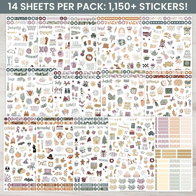 bloom daily planners Monthly Celebrations Planner Stickers for Calendar Decorating, Planning, Scrapbooking - Holiday, Seasonal, & General Events (14 Sheets, 1,150+ Stickers per Pack) - Cool Tones