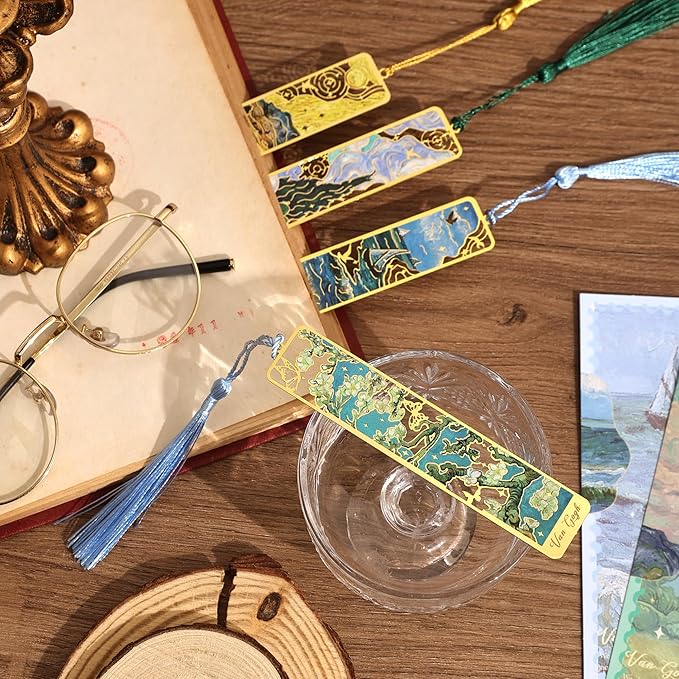 4 Pieces Metal Bookmarks with Tassel, Golden Hollow Bookmark Oil Painting Theme Book Mark Bookmarks for Book Lovers Writers Readers Children Teens for Women Adults Teen