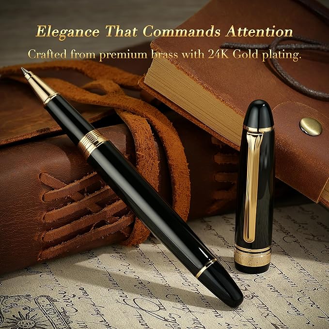BEILUNER 319 Black Lacquer Rollerball - Stunning Luxury Pen with 24K Gold Finish, Heavy, Schneider Black Ink Refill, Best Gift Set for Men & Women, Professional, Executive Office, Nice Classic Pens