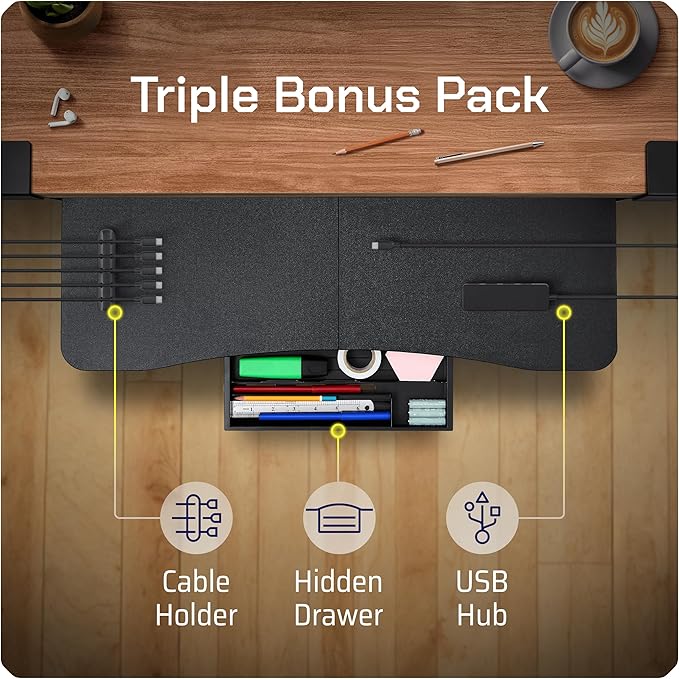 Keyboard Tray | Under Desk Keyboard Tray Slide Out w/Adjustable C-Clamps for Desks Up to 1.5-Inch-Thick | Clamp On Drawer with 1x USB-C to 4 USB-A Hub and 1x Five-Cable Management Organizer