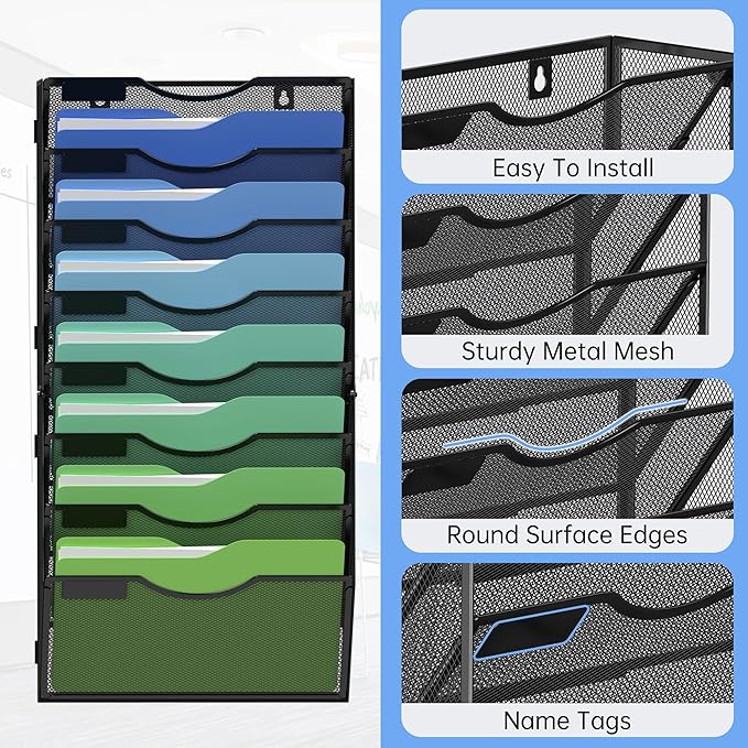 Kuntine.B Wall File Organizer Office Hanging Magazine Holder Wall File Organizer for Office Home (Black, 8 Tier)